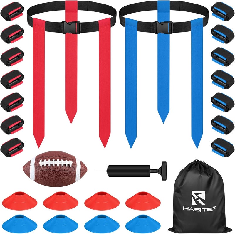 HASITE Flag Football Set, 14 Player Adjustable Flag Football Belts, 42 Flags, 8 Practice Cones, Size 3 Football, Pump and Bag, Perfect for Youth, Adults and Children to Capture The Flag - Image 1